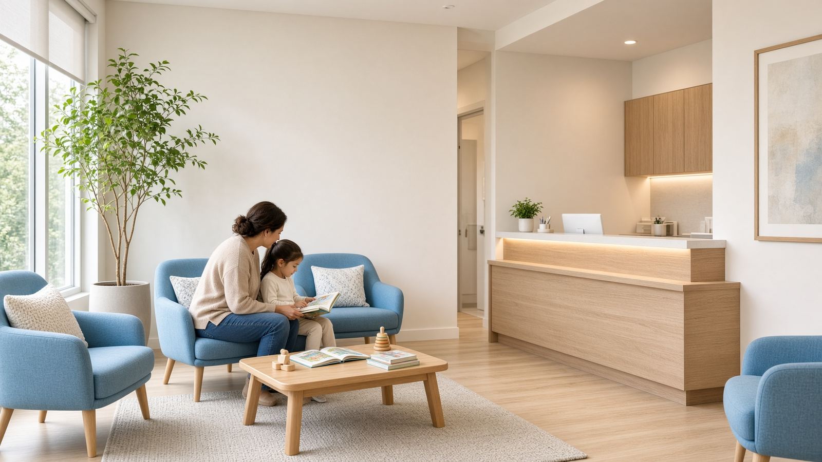 A parent and child reading together in a bright clinic waiting room with sky-blue chairs.